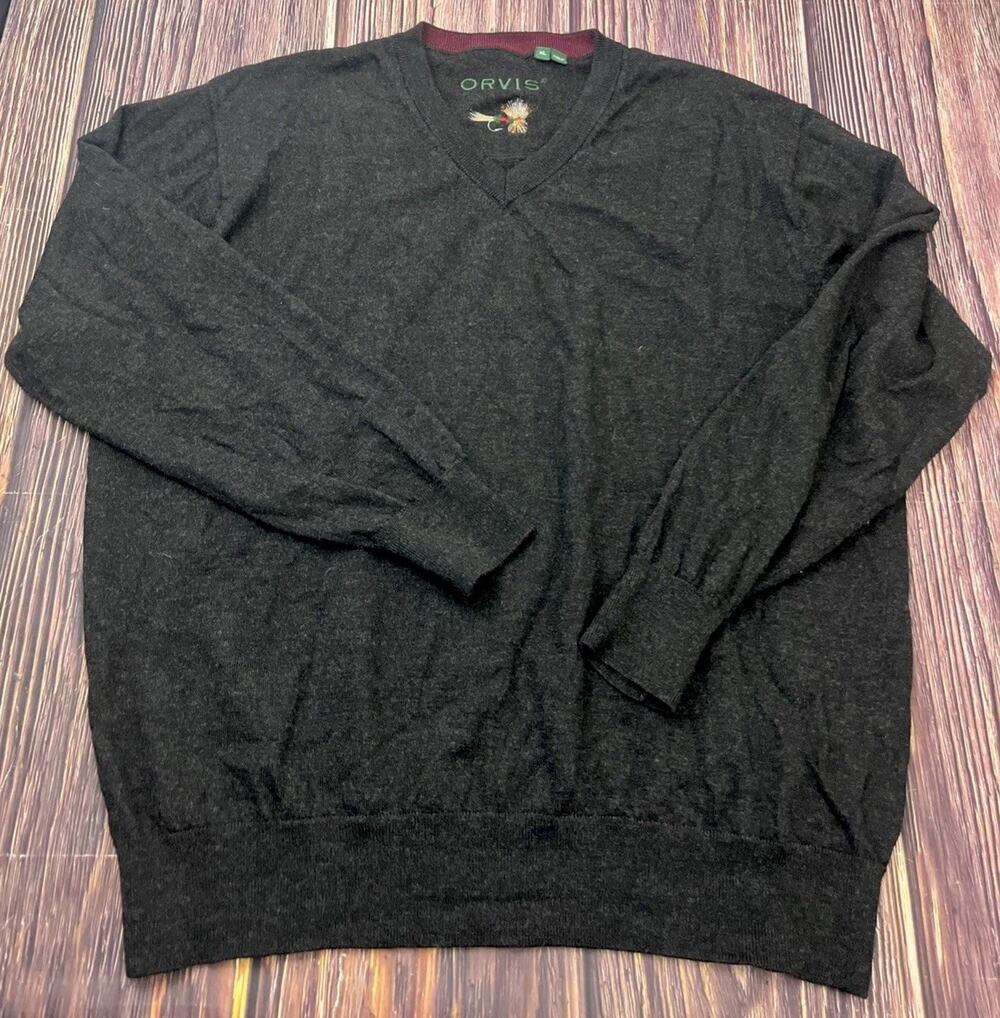 Orvis 100% Merino Wool V Neck Sweater Mens XL Gray Long Sleeve Pullover